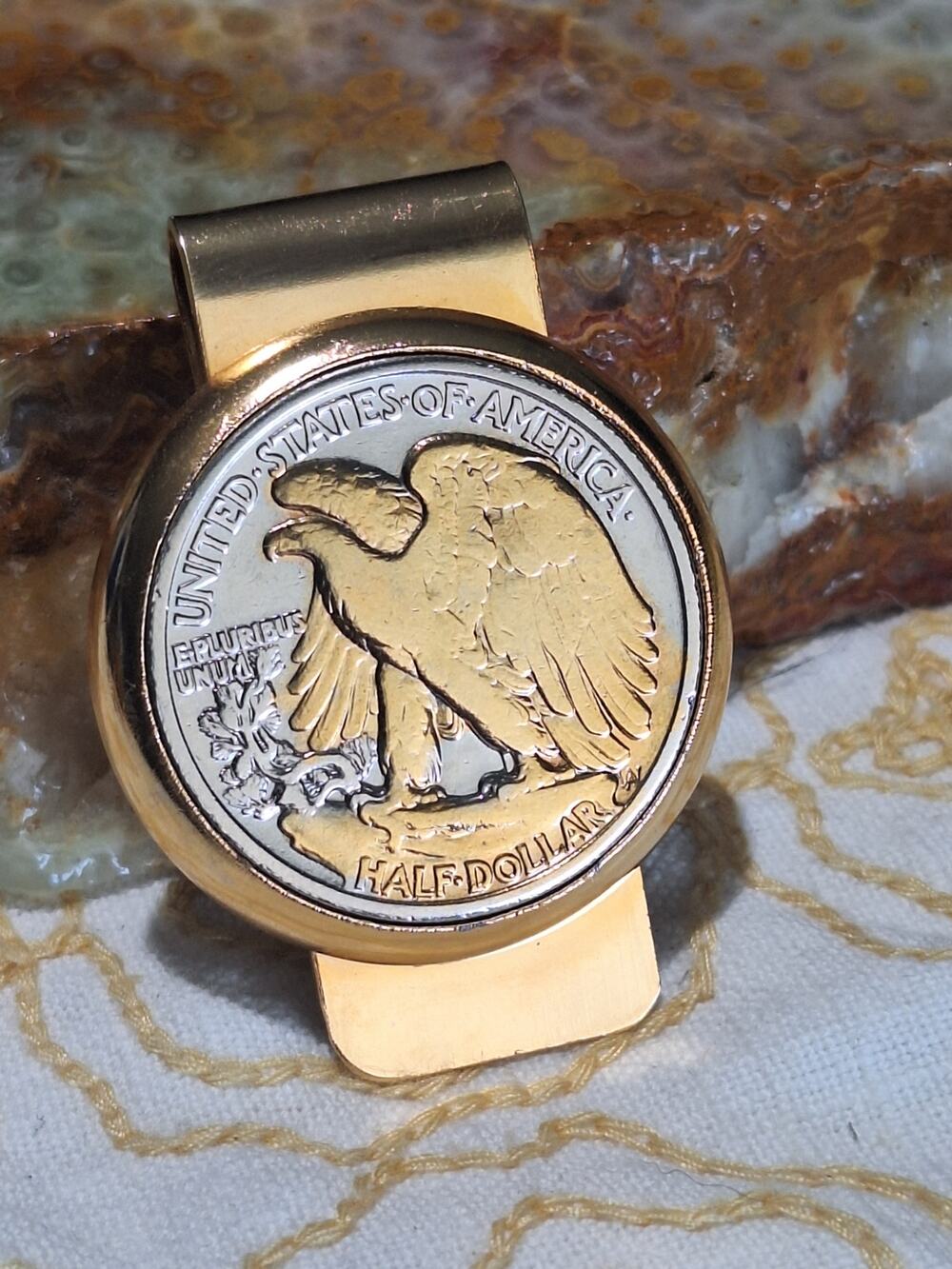 Walking Liberty Half Dollar .900 Silver Coin Gold Tone Money Clip 1916-1947